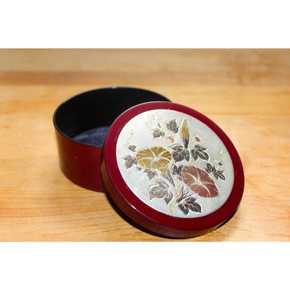 Asian-Inspired Maroon Acrylic Circular Box Trinket Jewelry Catch All - Picture 2 of 5